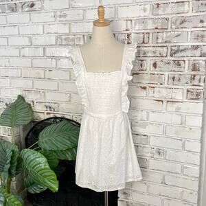 Lulus White Eyelet Lace Ruffle Sleeveless Cottagecore Jumper Mini Dress Size Med